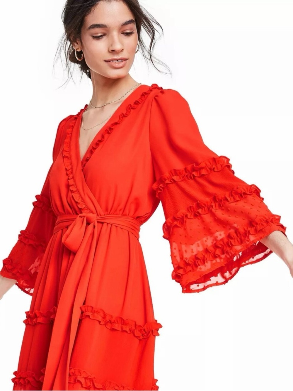 ALEXIS for Target Red Clip Dot Ruffle Tiered Midi Dress Angel Sleeve Wrap Size M - Picture 5 of 15